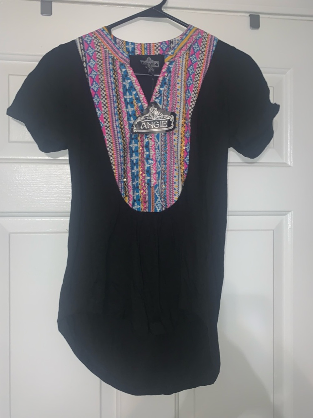 Angie Black Tunic with Multicolor Embroidered V-Neck Yoke